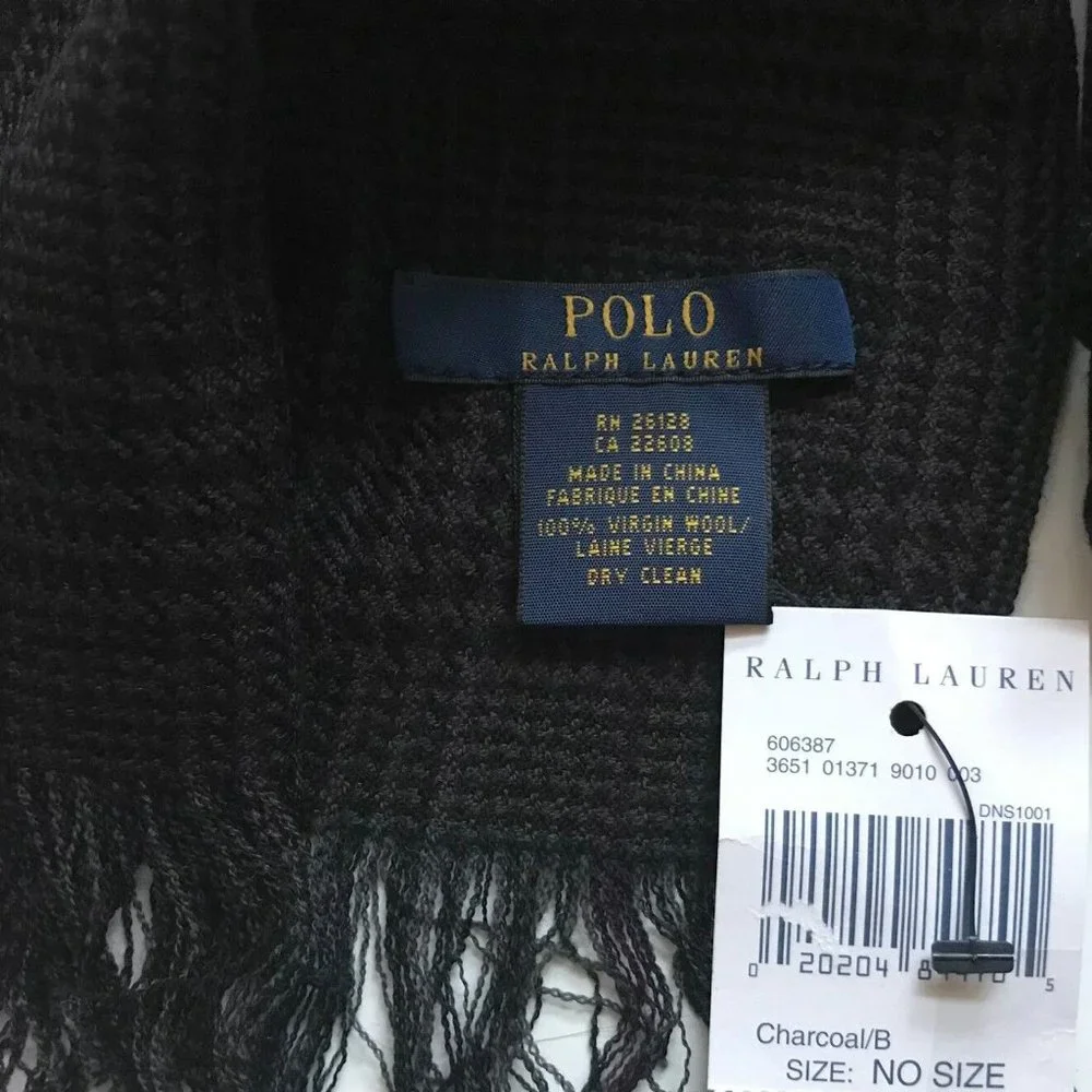 NEW Polo Ralph Lauren Wool Dress Scarf! Black & Gray Plaid Fringe 15 x 75